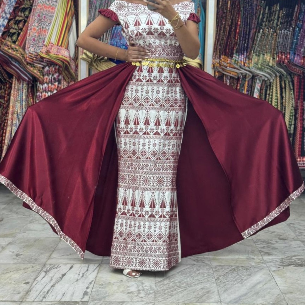 Elegant Maroon and White Patterned Gown